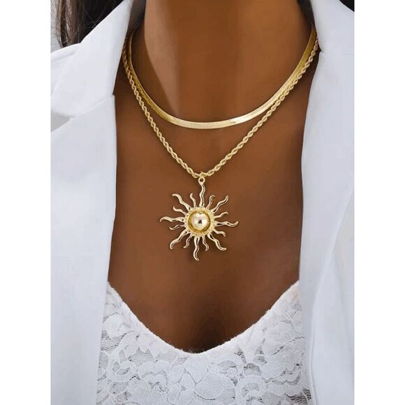 Sun Flame Double Layer Snake Bone Chain Pendant Necklace - Picture 1 of 5